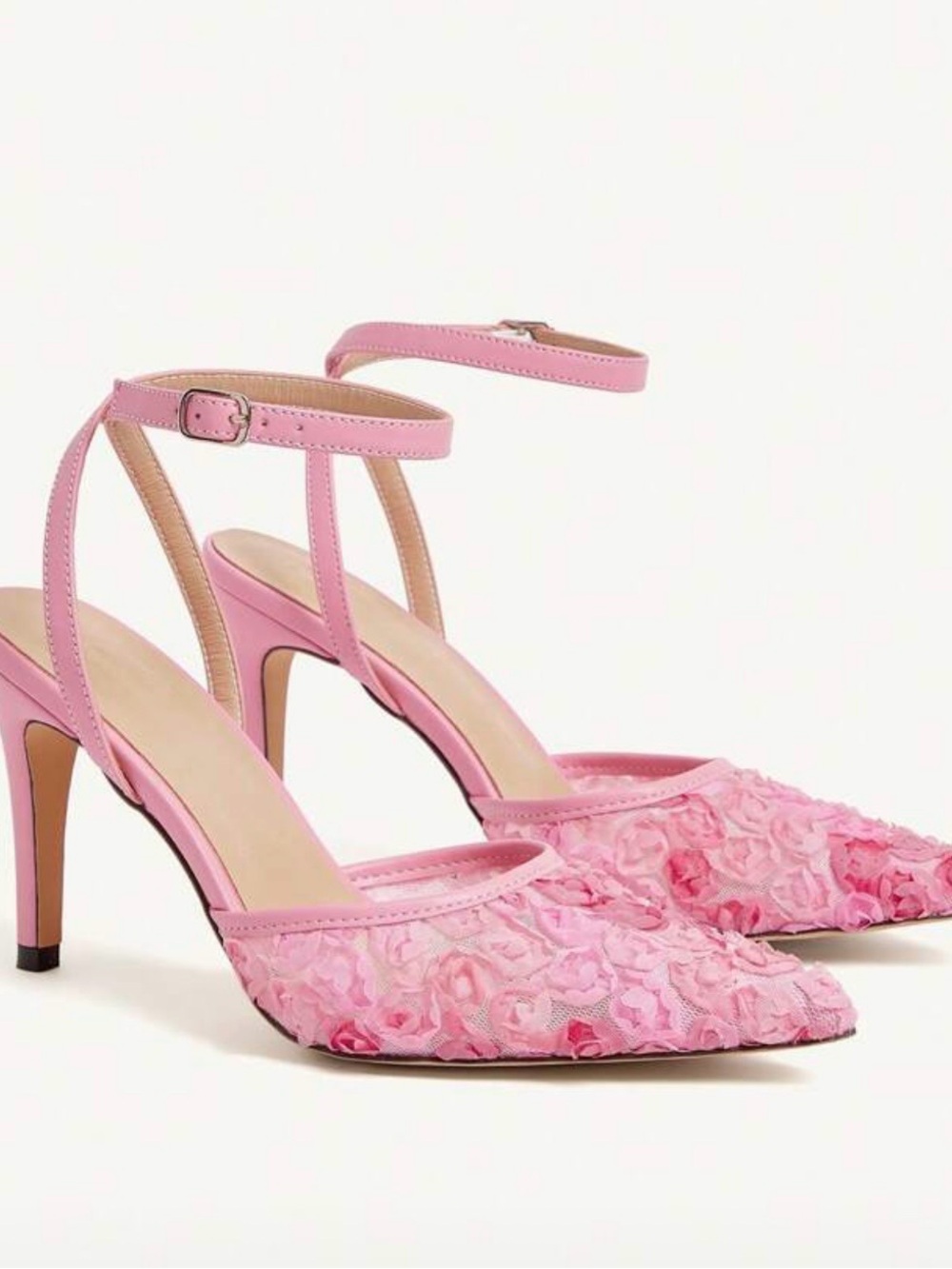 Pink Floral Pointed-Toe Ankle-Strap Heels with Textured Upper